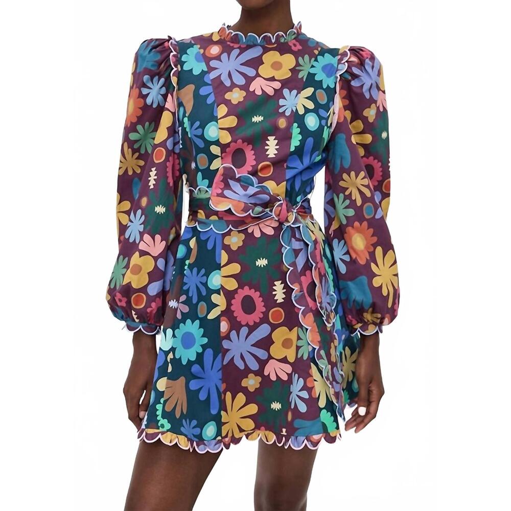 Floral Scallop-Trim Mini Dress in Multi